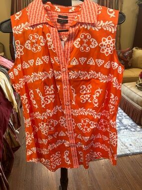 Talbots Bright Orange and White Sleeveless Button-Front Blouse size 10 nwt